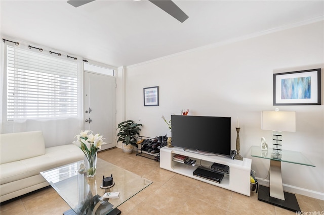 425 Ena Rd Unit 1202A, Honolulu, HI 96815 - living room with baseboards, ceiling fan, ornamental molding, and tile patterned floors