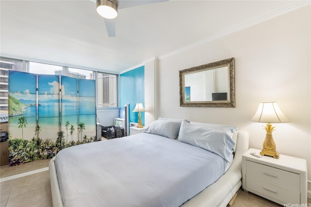 425 Ena Rd Unit 1202A, Honolulu, HI 96815 - bedroom with crown molding, ceiling fan, and light tile patterned floors