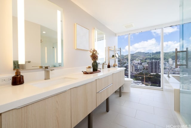 bathroom featuring toilet, floor to ceiling windows, vanity, a mountain view, and tile patterned flooring