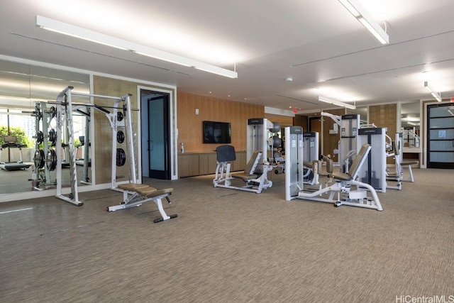 workout area with wood walls and carpet