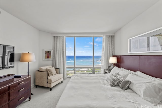 bedroom with light carpet, multiple windows, and a water view