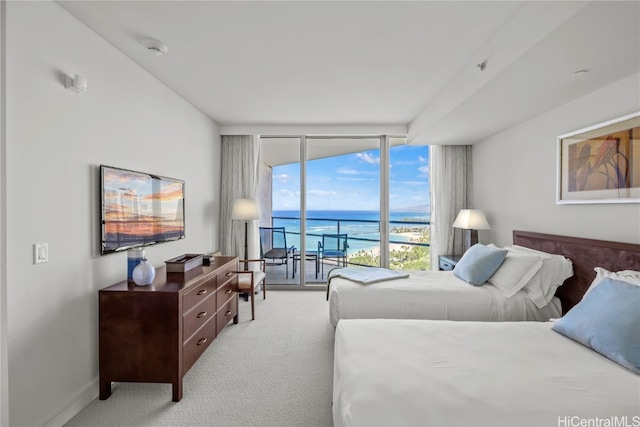 bedroom featuring light carpet and access to outside