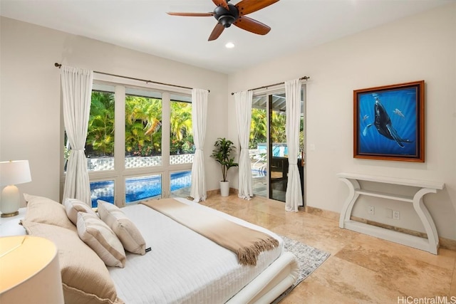 bedroom featuring ceiling fan and access to outside