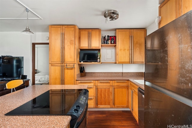 kitchen with dark hardwood / wood-style floors, black appliances, track lighting, and decorative light fixtures