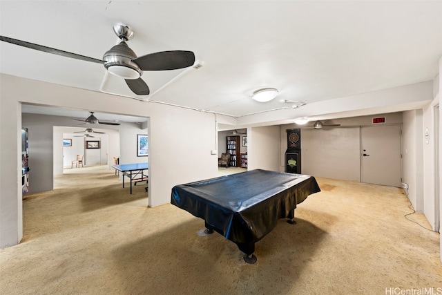 game room featuring light colored carpet and billiards