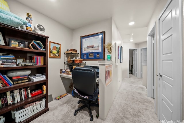 home office featuring light carpet