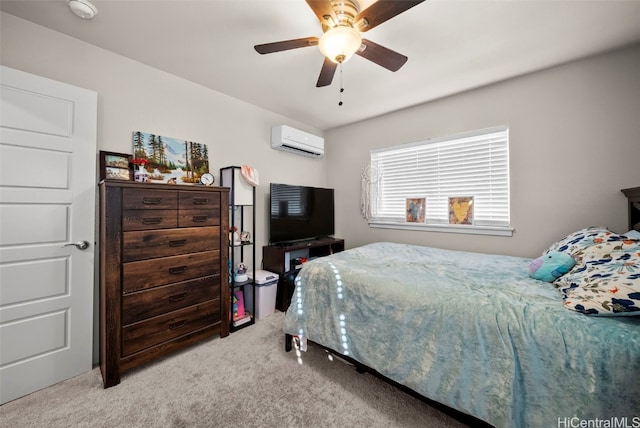 carpeted bedroom with an AC wall unit and ceiling fan