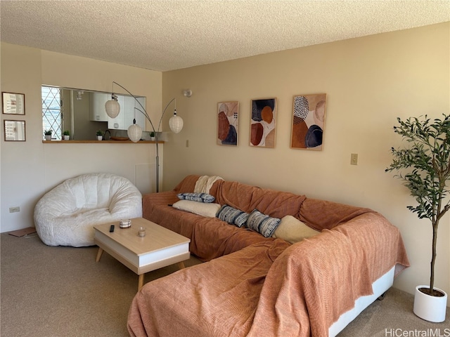 carpeted living room featuring a textured ceiling