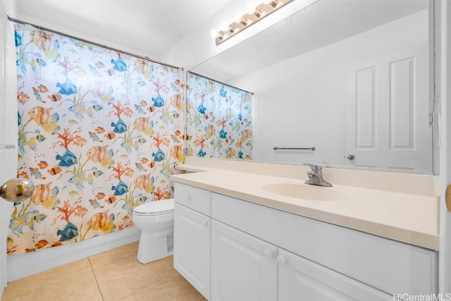 full bathroom with vanity, shower / bathtub combination with curtain, toilet, and tile patterned floors