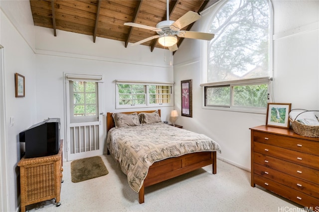 bedroom featuring ceiling fan, beam ceiling, and wood ceiling