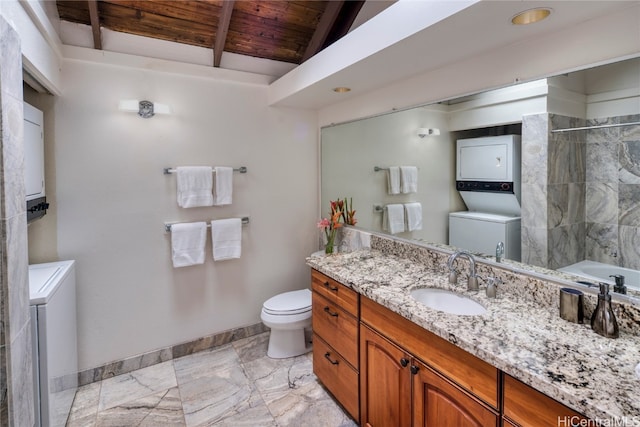 bathroom featuring toilet, stacked washing maching and dryer, wooden ceiling, lofted ceiling with beams, and vanity