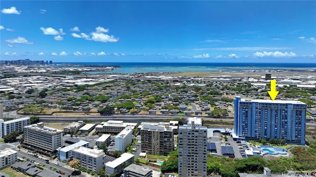 aerial view featuring a water view