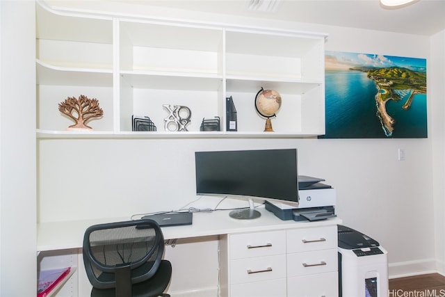 office area with built in desk and dark hardwood / wood-style flooring