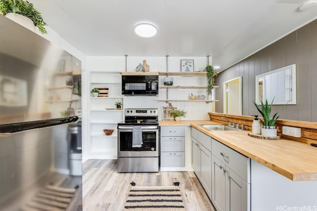 kitchen featuring sink, butcher block counters, stainless steel appliances, wooden walls, and light hardwood / wood-style flooring