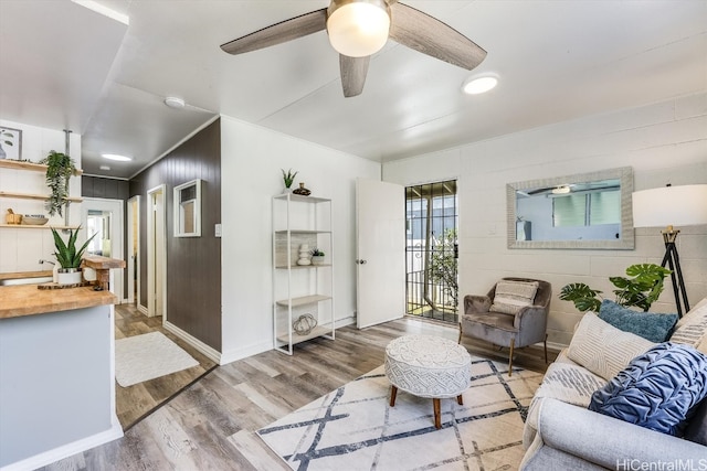 living room featuring ceiling fan and hardwood / wood-style flooring