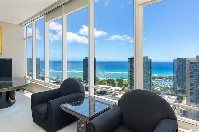 living room featuring a water view