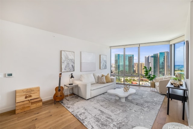 living room featuring light wood-type flooring and a wall of windows