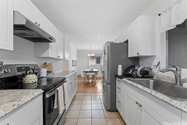 kitchen with sink, white cabinetry, stainless steel electric stove, and light hardwood / wood-style floors