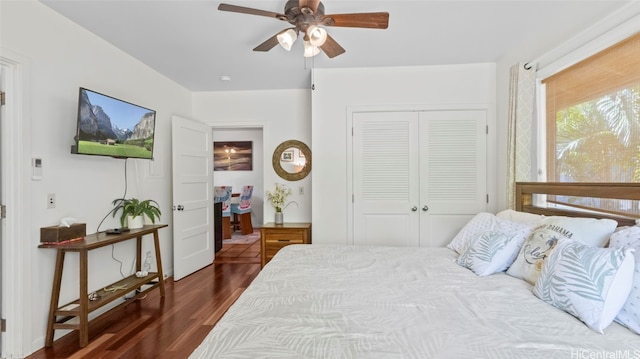 bedroom with a closet, ceiling fan, and dark hardwood / wood-style floors