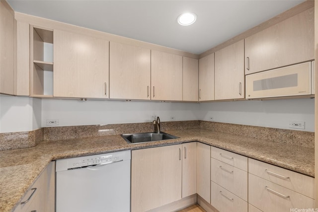 1314 Kalakaua Ave Unit 513, Honolulu, HI 96826 - kitchen featuring white appliances, light brown cabinetry, open shelves, light countertops, and recessed lighting