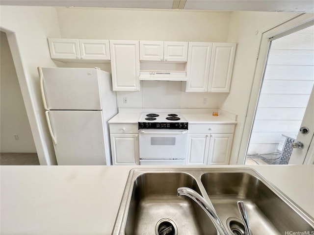 91-1051 Keoneula Blvd Unit E3, Ewa Beach, HI 96706 - kitchen featuring white appliances, under cabinet range hood, light countertops, and white cabinets