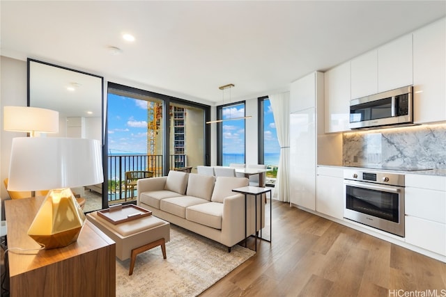 living room featuring light wood-type flooring, floor to ceiling windows, and a fireplace