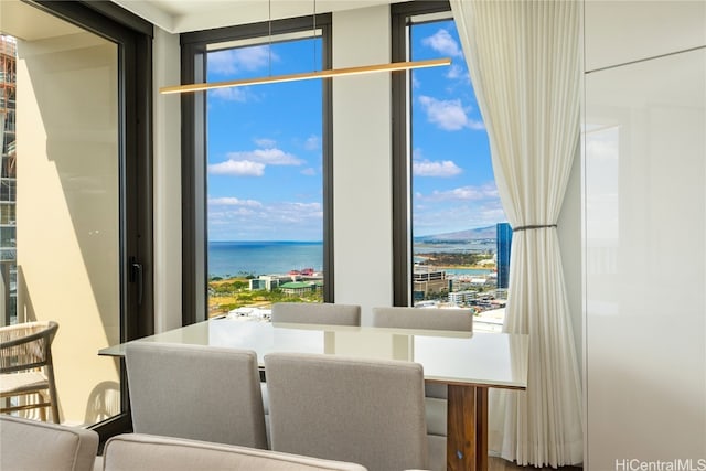 dining space with a water view