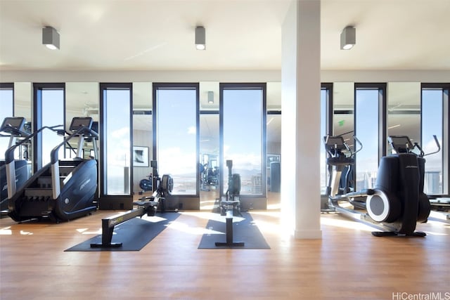 workout area with light wood-type flooring