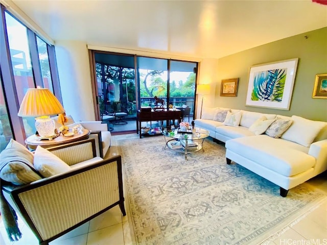 living room featuring tile patterned flooring and a wall of windows