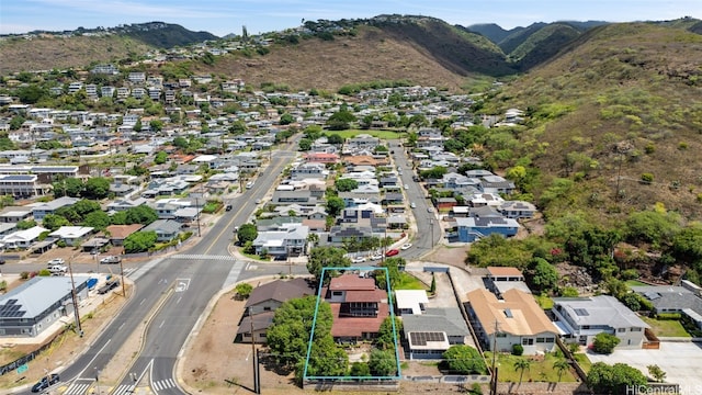 drone / aerial view featuring a mountain view