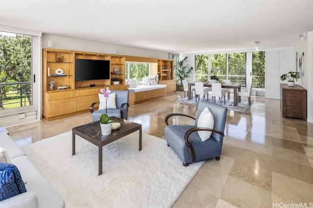 living room with floor to ceiling windows