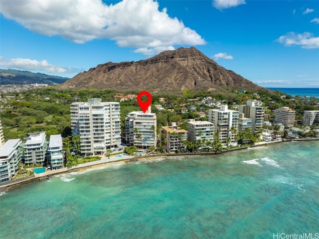 bird's eye view with a view of city and a water and mountain view