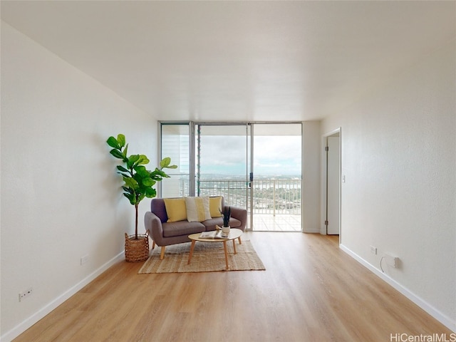 living area featuring expansive windows and light hardwood / wood-style flooring