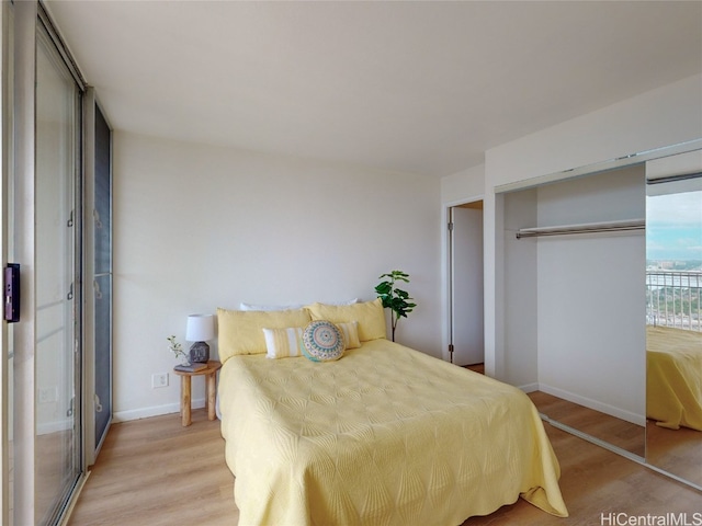 bedroom featuring a closet and light wood-type flooring