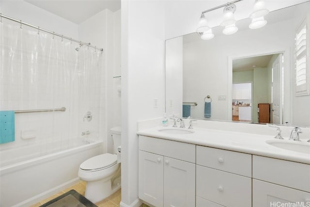 full bathroom featuring shower / bath combination with curtain, vanity, toilet, and tile patterned flooring