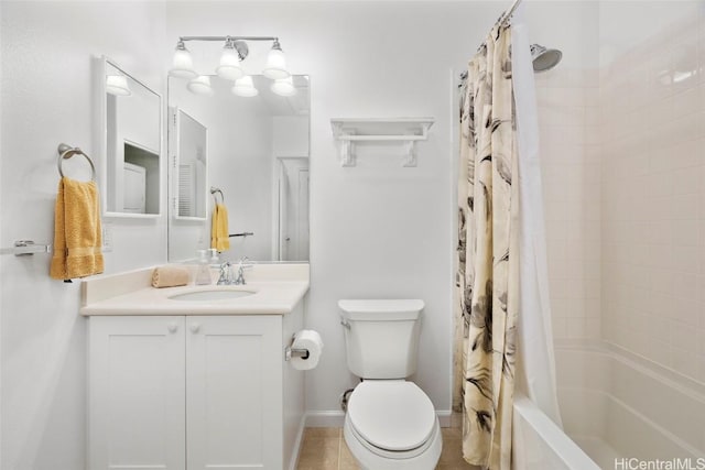 full bathroom featuring shower / tub combo, vanity, tile patterned flooring, and toilet