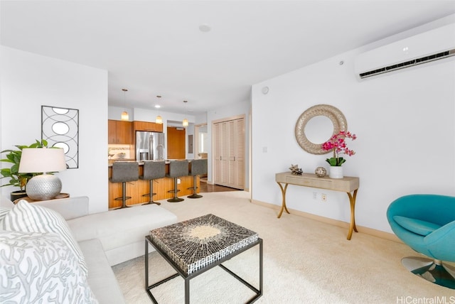 carpeted living room with a wall unit AC