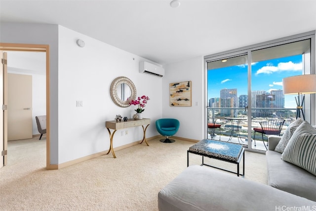 carpeted living room with a wall mounted AC