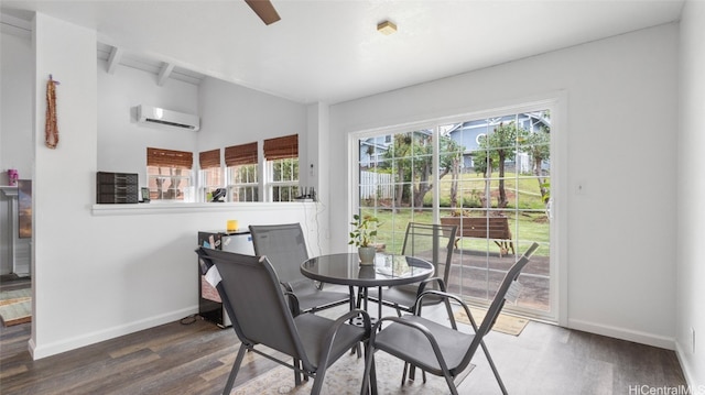 dining room featuring a wall mounted air conditioner, vaulted ceiling, and dark hardwood / wood-style floors