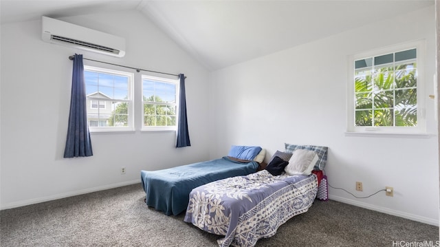 bedroom with multiple windows, carpet floors, and an AC wall unit