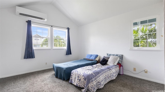 bedroom with baseboards, an AC wall unit, carpet flooring, and lofted ceiling