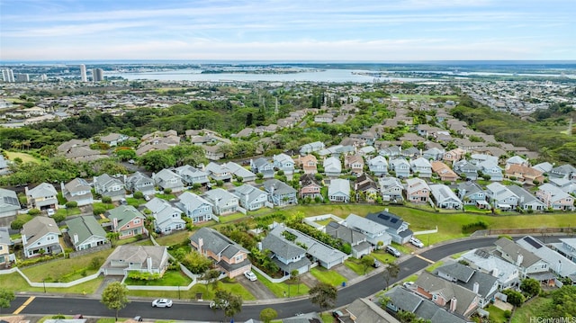 aerial view with a water view and a residential view