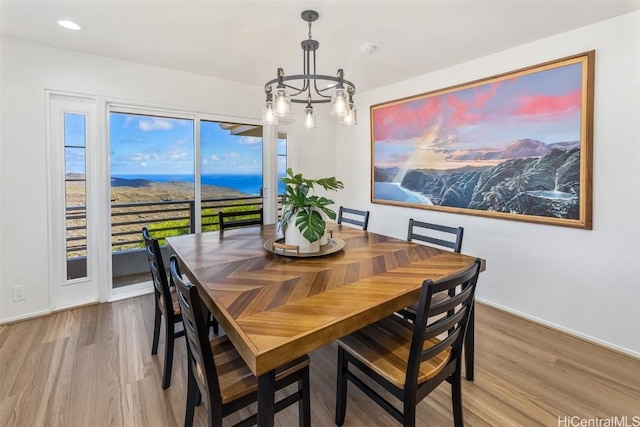 dining space with a chandelier, a wealth of natural light, and wood-type flooring