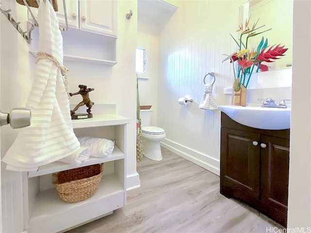 bathroom with vanity, toilet, and wood-type flooring