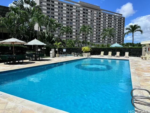 view of swimming pool with a patio