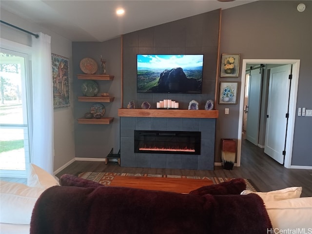 living room featuring vaulted ceiling, a fireplace, and dark hardwood / wood-style flooring