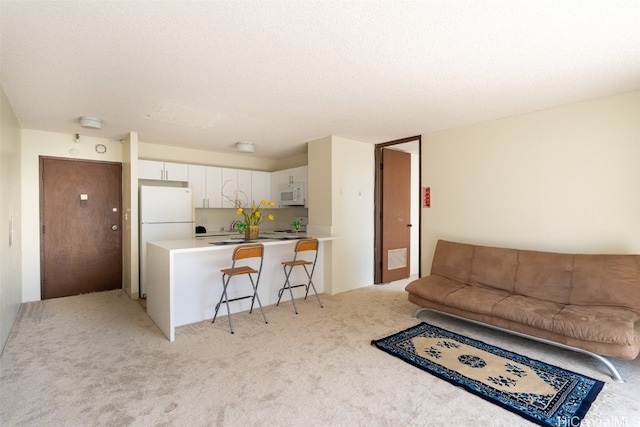 carpeted living room with a textured ceiling