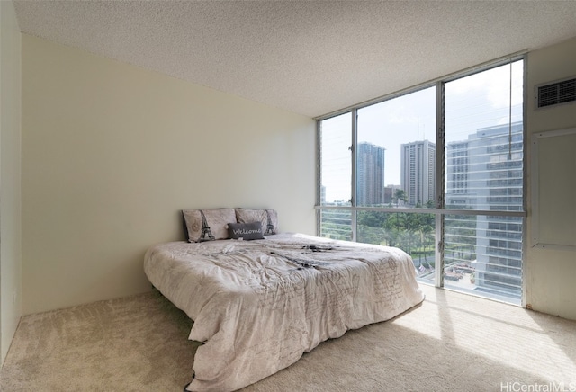 carpeted bedroom featuring multiple windows and a textured ceiling