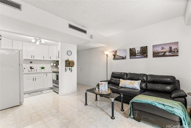 living room with sink and a textured ceiling