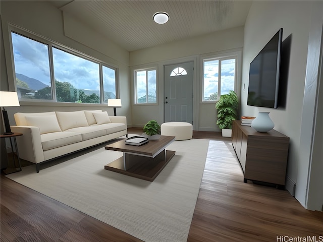 living room with a mountain view and light hardwood / wood-style floors